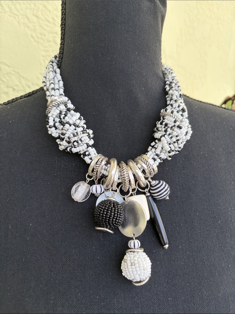 Chico's Black & White Beaded Statement Necklace